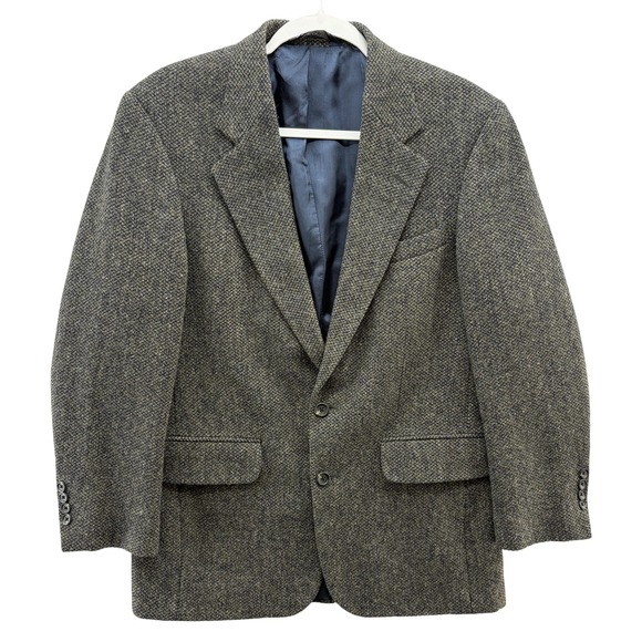 Lands End Harris Tweed Wool Blazer Mens 38 Brown Green Sport Coat Made USA